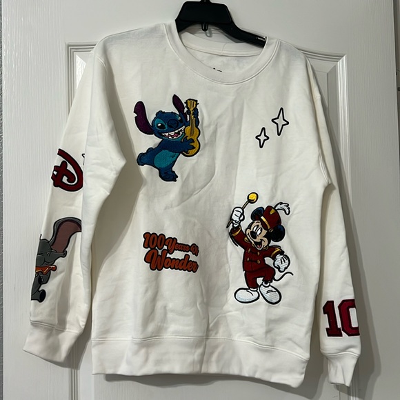 Disney Embroidered Mickey 100 Years Stitch Dumbo White Sweatshirt Shirt Sweater - Picture 1 of 10